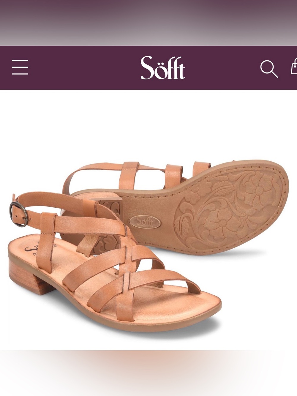 Söfft Tan Leather Strappy Sandal with Low Block Heel